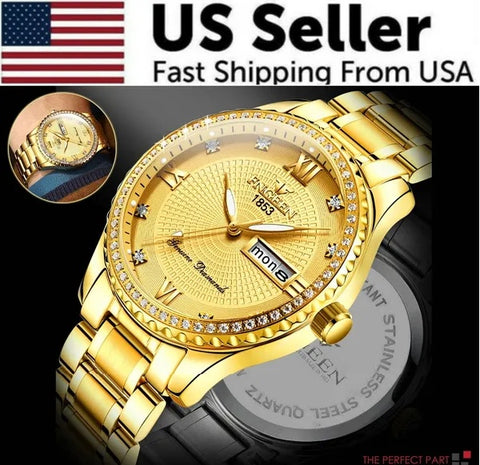 Waterproof Gold Men’s Watch – Classic Stainless Steel Quartz Analog